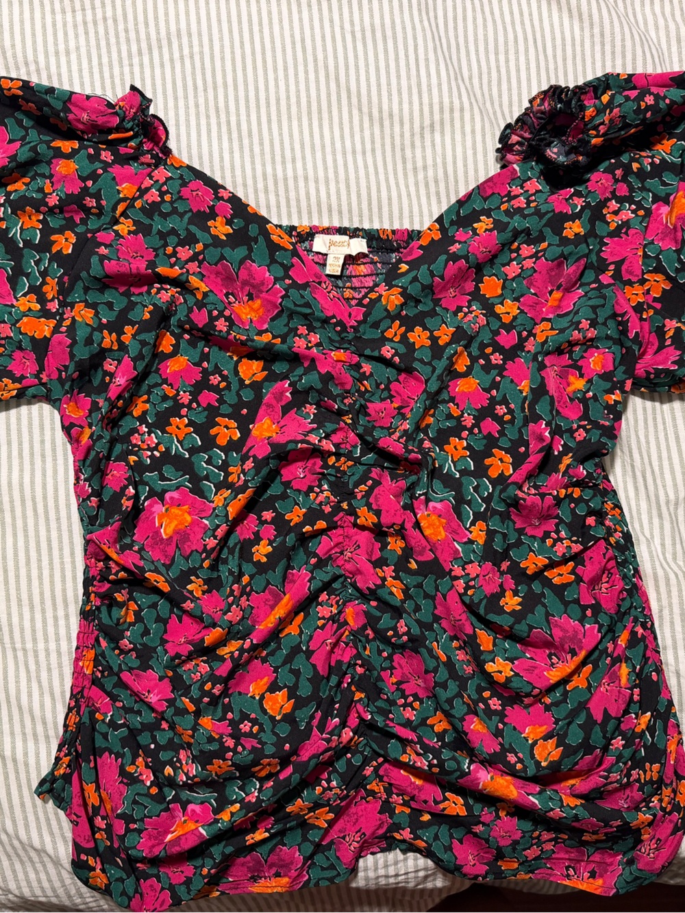 Vibrant Floral Off-Shoulder Top - Pink & Orange on Dark Green